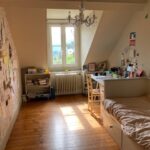 Bright student bedroom with single bed, study desk, wooden floor, and mountain view.