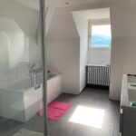 Modern shared bathroom with bathtub, walk-in shower, double sink, and natural light.